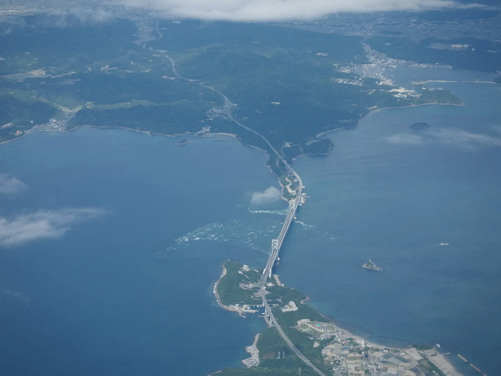 Aerial view of the Akashi Kaikyo suspension bridge crossing to Awaji Island
