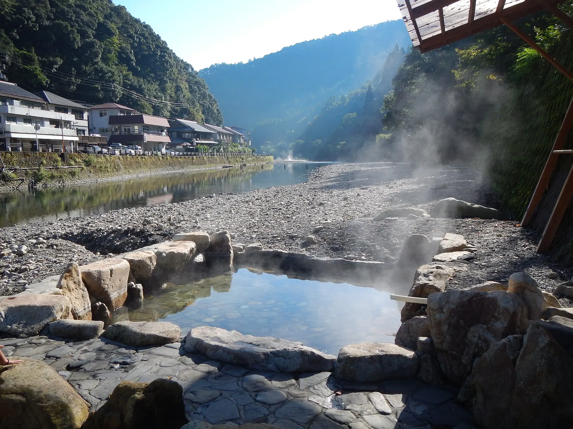 Steam rising from the hot-spring river at Kawayu Onsen, Wakayama