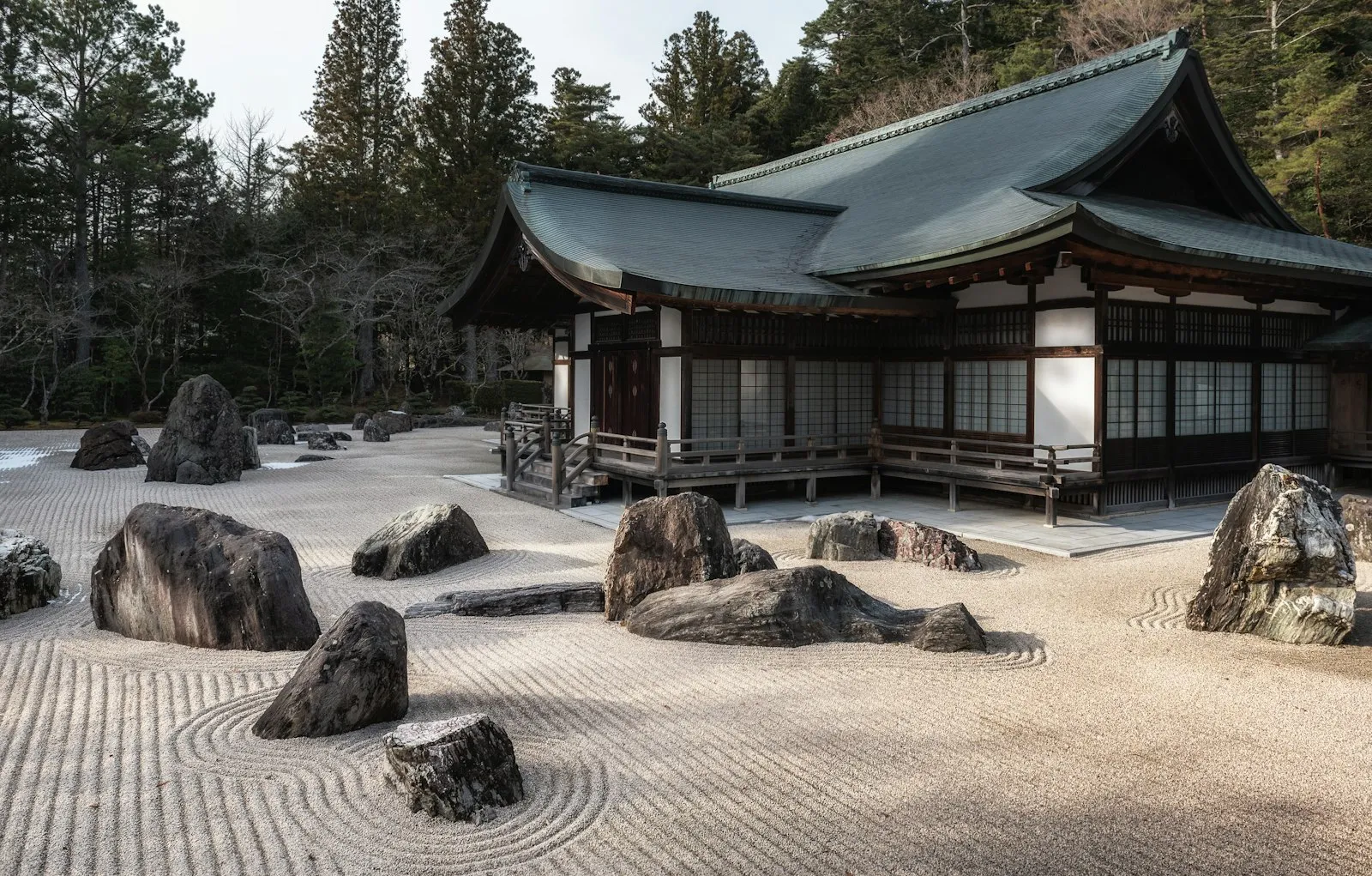A raked-gravel Japanese rock garden at a temple on Koyasan